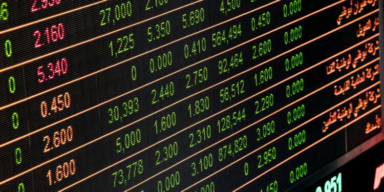 Detailed view of a stock market screen showing numbers and data, symbolizing financial trading.